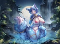 anthro areola biped blue_body blue_fur blue_hair blush bottomless breasts canid canine clothed clothing clothing_lift detailed_background female fox fur genitals hair krystal_(star_fox) legband looking_at_viewer mammal moon night nintendo nipples outside pupils pussy shirt shirt_lift smile solo star_fox tekahika thick_thighs thighband topwear water waterfall white_body white_fur