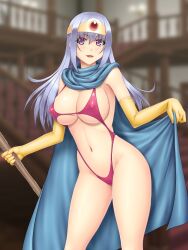 1girls 2024 abu breasts cape cleavage dragon_quest dragon_quest_iii elbow_gloves erect_nipples erect_nipples_under_clothes female female_only gloves large_breasts long_gloves long_hair looking_at_viewer navel open_mouth pink_eyes revealing_clothes sage_(dq3) silver_hair skimpy_clothes staff standing swimsuit tagme thighs