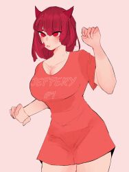 artist_request blush breasts female female_only grumpy horns looking_at_viewer medium_breasts red_eyes red_hair red_shirt roblox slim sole_female source_request tagme tied_hair tylette_(narcissixtfear)