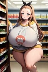 ai_generated alternate_body_type alternate_breast_size barefoot gigantic_breasts hoodie kurumi_(lycoris_recoil) lycoris_recoil o_o stable_diffusion supermarket thick_thighs venus_body wide_hips