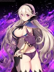 1girls alternate_costume ass big_ass black_background black_hairband black_panties bodystocking breasts butt_crack cleavage commentary_request corrin_(female)_(fire_emblem) corrin_(fire_emblem) corrin_(fire_emblem)_(female) dark_mage_(fire_emblem_fates) female female_only fire fire_emblem fire_emblem_fates grey_hair hair_ornament hairband highres kashiwamochi_yomogi large_breasts long_hair long_sleeves looking_at_viewer looking_back nintendo no_cape panties pointy_ears purple_fire purple_panties red_eyes see-through sideboob simple_background solo tight_clothing twitter_username underwear