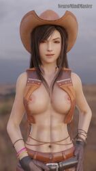 3d abs areolae athletic athletic_female big_breasts black_hair bracelet breasts cowboy_hat cowgirl cowgirl_hat cowgirl_outfit cropped_vest female female_focus female_only final_fantasy final_fantasy_vii hat long_hair miniskirt muscle_tone navel neuromindmaster nipples red_eyes skirt sleeveless_vest tagme tifa_lockhart toned toned_female vest