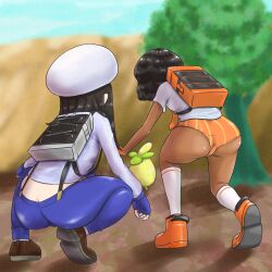 2girls ass ass_cleavage bubble_ass bushy_hair butt_crack clothing crouching female female_focus female_only huge_ass human juliana_(pokemon) long_hair microsd_(artist) multiple_girls nintendo pokémon_(species) pokemon pokemon_sv short_shorts smoliv