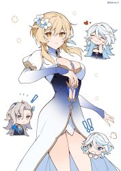 ! !! 1boy 3girls absurd_res amber_eyes blonde_hair blue_eyes blue_hair blush breasts chibi closed_eyes closed_mouth cosplay dress drop-shaped_pupils focalors_(genshin_impact) focalors_(genshin_impact)_(cosplay) furina_(genshin_impact) genshin_impact hair_flower hair_ornament hearts heterochromia highres light_blue_hair long_hair long_sleeves lumine_(genshin_impact) medium_breasts multicolored_hair neuvillette_(genshin_impact) open_mouth pointy_ears purple_eyes quinny_il short_hair short_hair_with_long_locks silver_hair two_tone_hair white_background white_hair