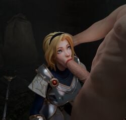 3d 3d_(artwork) 3d_model armor blender blonde_hair blowjob blowjob_face blue_eyes demacia female_focus hand_on_head league_of_legends league_of_legends:_wild_rift luxanna_crownguard oldbloodnsfw oral oral_sex riot_games