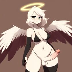 1futa ai_generated aifutalover angel angel_wings bikini bikini_top bottomless elbow_gloves futanari gynomorph halo looking_at_viewer lowres smile smug thighhighs white_hair white_skin