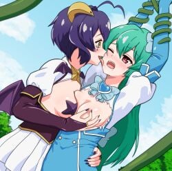 bound bound_arms bound_wrists breasts defeated_heroine exposed_breasts female female_only femdom hiiragi_utena licking licking_cheek magia_azul magia_baiser magical_girl mahou_shoujo_ni_akogarete minakami_sayo no_bra nonconsensual pinch pinching pinching_nipples tentacle torn_clothes villainess villainess_on_heroine yuri