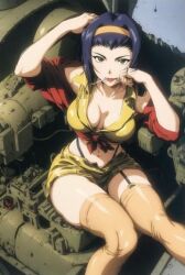 1girls ai_generated bare_thighs belly_button big_breasts bob_cut breasts cowboy_bebop faye_valentine female hairband human large_breasts looking_at_viewer milf open_clothing open_jacket pale-skinned_female pale_skin panties purple_hair short_hair shorts sitting slim_waist stockings tanga thick thick_ass thick_thighs thighhighs wide_hips