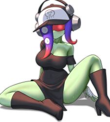 1girls acht_(splatoon) big_breasts breasts dedf1sh expressionless female female_only green_skin hat headphones high_heel_boots highres large_breasts legs legs_apart mizuta_ahato_(splatoon) multicolored_hair nintendo nobunagapero octoling peronattu purple_hair sitting slim_waist solo splatoon splatoon_2 splatoon_3 splatoon_3:_side_order sweat tagme tentacle_hair thick_thighs thighs visor white_background