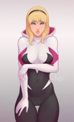 blonde_female blonde_hair blue_eyes breasts cameltoe erect_nipples female female_focus female_only gwen_stacy hairband jodsy looking_at_viewer marvel marvel_comics nipple_bulge perky_breasts perky_nipples pussy_bulge spandex spandex_suit spider-gwen spider-man_(series) thigh_gap thighs thighs_together tight_clothing unmasked