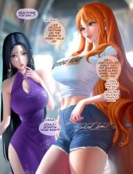 2girls bare_arms bare_legs bare_shoulders bare_thighs big_breasts black_hair blue_eyes blush boa_hancock clothed clothing color comic english_text female female_focus female_only hi_res jean_shorts jeans jewelry large_breasts light-skinned_female light_skin long_hair looking_at_viewer multiple_girls nami nami_(one_piece) one_piece orange_eyes orange_hair post-timeskip sakimichan shirt shorts shounen_jump solo_female tagme text text_bubble thick_thighs