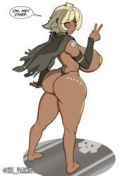 1girls ass barefoot blonde_hair breasts cadet_(the_varking) cape dark-skinned_female dark_skin detached_sleeves directional_arrow english_text female full_body helldiver_(helldivers) helldivers helldivers_2 huge_ass huge_breasts looking_at_viewer pasties short_hair sideboob solo speech_bubble talking_to_viewer text the_varking thick_thighs thong v_sign