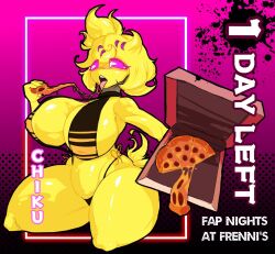 animatronic anthro avian bikini bird blonde_hair chica_(cally3d) chica_(fnaf) chicken chiku clothing female five_nights_at_freddy's food fredina's_nightclub galliform gallus_(genus) hair machine phasianid pink_eyes pizza pizza_box robot scottgames solo solo_focus stormkinght swimwear tongue tongue_out yellow_body