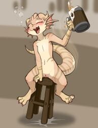 3_toes absurd_res alcohol anthro barefoot beverage blush bubble claws drunk drunk_bubble feet female furniture genitals hi_res holding_mug holding_object horn kobold koboldklaws membrane_(anatomy) mug nude open_mouth pussy scalie sitting smile solo stool stripes substance_intoxication tail toes