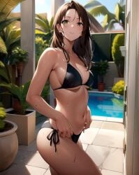 1girls ai_generated ai_mirror belly_button bikini black_bikini blush brown_hair door flower_pot green_eyes light_skin looking_at_viewer medium_hair open_door plants pool side_view small_breasts trees wall wet wet_body