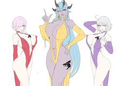 3girls aqua_hair branding_mark breasts dress dresses fancy_clothing fate/grand_order fate_(series) female flat_colors hair_over_one_eye huge_breasts ibuki_douji_(fate) jeanne_alter ky. light-skinned_female light_skin long_hair mash_kyrielight naughty_face pink_eyes pink_hair simple_background tattoo white_hair