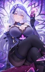 big_breasts black_swan_(honkai:_star_rail) blush fukuro_ko_(greentea) highres honkai:_star_rail legs_crossed purple_background purple_eyes silver_hair sitting smile thigh_strap