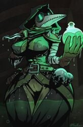 1girls arm_wraps armor beak_mask belt big_breasts birbop brown_belt brown_gloves cameltoe cel_shading cel_shading_(retro) cleft_of_venus clothed_female cowl curvy dagger darkest_dungeon erect_nipples_under_clothes flask front_view gloves gothic_artstyle holding_object holding_weapon hood_up hourglass_figure leather_armor leather_gloves long_gloves low-angle_view mask medieval melee_weapon nipple_bulge nipples_visible_through_clothing plague_doctor_(darkest_dungeon) plague_doctor_mask potion pussy roko shoulder_armor shoulder_spikes slim_waist solo spiked_shoulders standing subtle_pussy thick_thighs unseen_female_face video_games weapon wet wide_hips