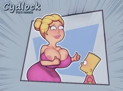 american_dad bart_simpson big_breasts blonde_female blonde_hair breasts crossover cydlock dress francine_smith milf the_simpsons thumbs_up tied_hair voluptuous