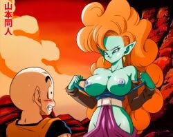 1boy 1girl 1girls bald blush breasts dragon_ball female green_skin krillin kuririn large_breasts long_hair male nervous_sweat nipples orange_hair race_of_hera surprised tagme thick_thighs thighs yamamoto_doujin zangya