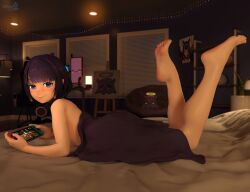 1girls bare_soles barefoot bed blanket blue_eyes covered_ass covering_ass covering_butt feet feet_up female female_only finura_arts hololive hololive_english hololive_myth laying_down laying_on_bed laying_on_stomach looking_at_viewer ninomae_ina'nis nintendo_switch short_hair soles solo solo_female toes virtual_youtuber