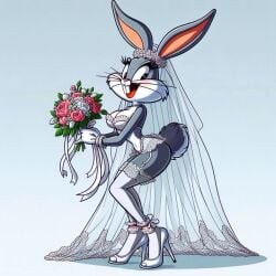 1girls after_transformation ai_generated anthro bouquet bouquet_of_flowers bride bugs_bunny edited female fembugs_bunny genderswap_(mtf) high_heels lagomorph lingerie looney_tunes mtf_transformation rabbit rule_63 stockings warner_brothers wedding_lingerie wedding_veil white_panties