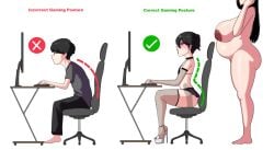 1boy 1girls armwear black_hair black_lipstick breasts chair choker clothing computer computer_keyboard computer_monitor correct_gaming_posture_(meme) desktop dildo dildo_in_ass dildo_sitting electronics english_text eyeshadow female femboy feminization fingerless_gloves fishnets gaming_chair gelatomusume girly high_heels human light-skinned_female light-skinned_male lipstick male meme millie_(gelatomusume) pale_skin piercing pregnant sitting skirt tagme text thighhighs valeria_(gelatomusume) wtf