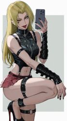 bare_legs bare_shoulders belly_button belts blonde_hair chains female female_only goth goth_girl high_heels jujutsu_kaisen kimsan-lee leg_up long_hair looking_at_viewer microskirt miniskirt nail_polish necklace one_eye_closed photo skimpy skimpy_clothes skirt slim_waist smartphone stiletto_heels teenager thick_thighs tongue_out topwear very_high_heels yuki_tsukumo