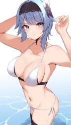 1girls arms_up ass bare_arms bare_ass bare_back bare_legs bare_midriff bare_shoulders bare_thighs belly belly_button bikini bikini_bottom bikini_top black_hairband blue_hair blue_hair_female blush breasts cleavage closed_mouth collarbone dot_nose elbows eula_(genshin_impact) female female_focus female_only fingernails fingers genshin_impact hair_between_eyes hair_ornament hairband hand_behind_head hands_up haneramu high_resolution highres hourglass_figure large_breasts light-skinned_female light_skin lips looking_at_viewer medium_breasts naked navel nude partially_submerged partially_submerged_legs shoulder_length_hair shoulders sideboob simple_background slender_body slender_waist slim_girl slim_waist solo standing string_bikini swimsuit swimwear thick_ass thick_eyelashes thick_thighs thighs thin_waist upper_body water wet white_background white_bikini white_bikini_bottom white_bikini_top white_swimsuit white_swimwear yellow_eyes yellow_eyes_female