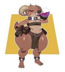 2025 anthro ass barefoot belly big_butt bottomwear brown_body closed_eyes clothing digital_media_(artwork) drinking_potion feet female female_anthro flat_chested full-length_portrait geometric_background hand_on_hip hi_res horn huge_butt huge_thighs kobold loincloth pear-shaped_figure piko_(simplifypm) portrait potion scalie simple_background solo sssonic2 standing tail thick_thighs topwear wide_hips