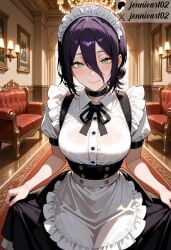 ai_generated alternate_costume apron bangs black_choker black_dress black_hair black_ribbon black_skirt blush breasts buttons candle chainsaw_man chair chandelier choker closed_mouth clothing collared_shirt couch dress enmaided female female frilled_apron frills green_eyes hair_between_eyes hair_bun headdress headwear indoors jennieart02 large_breasts lips looking_at_viewer maid maid_apron maid_headdress medium_breasts neck_ribbon patreon patreon_logo patreon_username puffy_short_sleeves puffy_sleeves purple_hair reze_(chainsaw_man) ribbon see-through shirt short_hair short_sleeves single_hair_bun skirt skirt_hold smile solo standing twitter twitter_username uniform waist_apron watermark white_apron white_shirt window