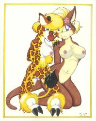 2girls anthro blond_hair breasts female female/female flower furry genitals giraffe hooves kangaroo long_tail marc_leonhardt nipples pouch pussy skinny_tail tail