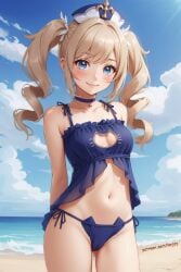 ai_generated animal_lingerie barbara_(genshin_impact) beach blonde_hair blue_eyes bra cat_lingerie clothing genshin_impact high_resolution lenjoy lingerie ocean pantsu tied_hair twintails underwear watermark