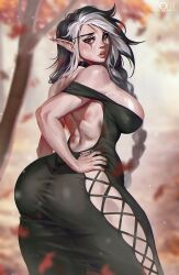 1girls ass black_hair braid dress ear_piercing elf elf_ears elf_female female female_only hand_on_hip hi_res lazyollie long_dress long_hair looking_at_viewer mole mole_on_shoulder mole_under_eye solo thick_ass thick_thighs two_tone_hair white_hair zoelie_(sasha_khmel)