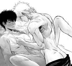 2boys anal anal_sex back_muscles blush bottomless butt_crack gay gintama gintoki_sakata hijikata_toshiro implied_anal implied_sex male male_only marrbl monochrome muscular muscular_male nipple_pinch nipple_tweak one_eye_closed open_shirt pants_down spread_legs topless topless_male yaoi