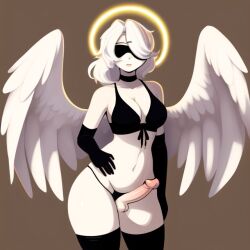 1futa ai_generated aifutalover angel angel_wings bikini bikini_top bottomless elbow_gloves futanari gynomorph halo looking_at_viewer lowres thighhighs white_hair white_skin