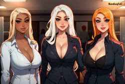 3girls ai_generated artist_name big_breasts blonde_hair blue_eyes breasts brown_eyes cleavage clothed clothing dark-skinned_female dark_skin detailed_background eyelashes female female_human female_only human iknowkungfu42 jacket large_breasts light-skinned_female light_skin lips long_hair looking_at_viewer multiple_girls office office_lady orange_hair original original_character red_lips red_lipstick shirt smile suit white_hair