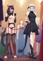 2girls altana_tumet animal_ears animal_tail au_ra barefoot bondage chains clitoris_leash clitoris_piercing clitoris_ring crotchless_panties female female_focus femdom femsub final_fantasy final_fantasy_xiv gag garter_straps leash leti_moonreaver linked_piercings manacles miqo'te multiple_girls nipple_piercing nipple_rings piercing piercing_bondage piercings potchi ring_gag stockings submissive_female xaela