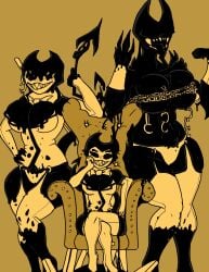 1girls alternate_color alternate_color_scheme ass beast_darling_(cally3d) bendy bendy_and_the_dark_revival bendy_and_the_ink_machine bendy_fem bendy_the_dancing_demon big_ass big_breasts black-skinned_female black_body black_skin breasts chains crossed_legs dark-skinned_female dark_skin darkslagg2 darling_(cally3d) demon demon_girl demon_horns digital_drawing_(artwork) digital_media_(artwork) female female_focus front_view garter_straps gothic_artstyle hand_on_cheek hook huge_breasts humanoid ink_darling_(cally3d) ink_demon joey_drew_studios large_breasts legs legs_crossed legwear limited_palette lips monster_girl nightmare_waifu sepia sharp_teeth sitting stockings thigh_boots thighhighs throne wide_hips yellow_theme