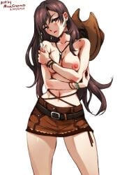 1girls belly_button belt blush breasts brown_hair cleavage cowgirl cowgirl_outfit final_fantasy final_fantasy_vii hat long_hair looking_at_viewer minacream red_eyes skirt solo tifa_lockhart