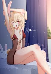 bunny_ears bunny_tail lewdlux lewdlux_(vtuber) lingerie red_lingerie