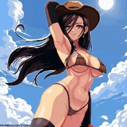 animated armpits bikini busty cowboy_hat cowgirl cowgirl_hat cowgirl_outfit female female_focus female_only final_fantasy final_fantasy_vii hat hourglass_figure itzah pinup pinup_pose pixel_art tagme tifa_lockhart wide_hips