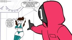 1boy 1other accurate_art_style armpits arms_behind_head bikini black_gloves breasts brown_hair cleavage clothing english_text female gloves green_bikini hood hood_up hoodie huge_breasts jaiden jaiden_(jaiden_animations) jaiden_animations jaidenanimations large_breasts long_hair mask navel panties pointing red_coat red_hoodie sports_bra steca swimsuit thelazyart thighhighs underboob underwear white_skin youtube youtuber youtuber_girl youtubers