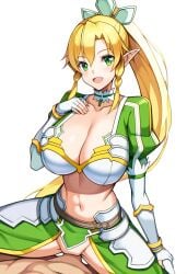 1boy 1girls ai_generated big_breasts blonde_hair cleavage collarbone elf elf_ears fingerless_gloves green_eyes highres huge_breasts kirigaya_suguha large_breasts leafa light-skinned_female light-skinned_male light_skin long_hair midriff nai_diffusion navel nude nude_male penis pointy_ears pussy sex simple_background smile sword_art_online uncensored vaginal_penetration very_long_hair white_background