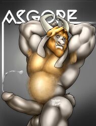 anthro asgore_dreemurr autofurrart balls beard blonde_hair bodily_fluids body_hair chest_hair digital_media_(artwork) erection facial_hair genital_fluids genitals hair hi_res male male_only musclegut muscular nude penis pose precum smile solo undertale_(series) zubr