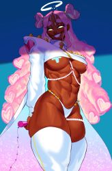 1girls abs arms_behind_back commission dark-skinned_female dark_skin drill_hair female female_only halo heart long_hair looking_at_viewer multicolored_eyes muscular muscular_female nipple_pasties pasties pink_hair shaded sharp_teeth skimpy skimpy_clothes smiling smiling_at_viewer solo sotcho teeth_showing thick_thighs thigh_squish thighhighs thong twin_buns underboob very_high_resolution white_thighhighs x_pasties