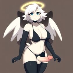 1futa ai_generated aifutalover angel angel_wings bikini bikini_top bottomless elbow_gloves futanari gynomorph halo looking_at_viewer lowres smile smug thighhighs white_hair white_skin