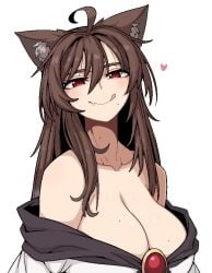 1girl ahoge animal_ear_fluff animal_ears bare_shoulders breasts brooch brown_hair collarbone fang formicid hair_between_eyes heart imaizumi_kagerou jewelry kagerou_imaizumi large_breasts long_hair looking_at_viewer mole mole_under_mouth red_brooch red_eyes simple_background smile solo tagme tongue tongue_out touhou white_background wolf_ears wolf_girl