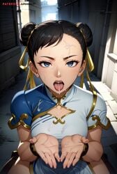 1girls ai_generated ainoob17 china_dress chinese_clothes chun-li cum cum_in_mouth cupping_hands female female_only human open_mouth solo street_fighter street_fighter_6 tagme toned_female