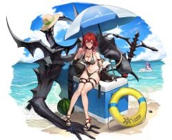 2girls arknights bare_shoulders beach belly belly_button big_breasts bikini black_bikini black_bra black_panties black_swimsuit blush bra breasts cleavage collarbone eating embarrassed female female_only frog hat_removed highres horns ice_cream ice_cream_cone knees_together_feet_apart legs light-skinned_female long_hair looking_at_viewer midriff molyb navel nervous ocean panties purple_eyes red_hair rope_(arknights) sandals sitting stomach surtr_(arknights) swimming swimsuit thigh_strap thighs umbrella waist water watermelon waves wet_skin